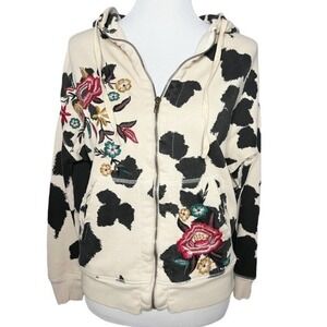 CAITE Posie Cow Print Embroidered‎ Floral Zip Front Hoodie Sweatshirt Size Small
